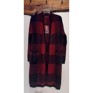 NWT Auth. Max Mara Alpaca Wool Red Plaid Long Cardigan Sweater Size M